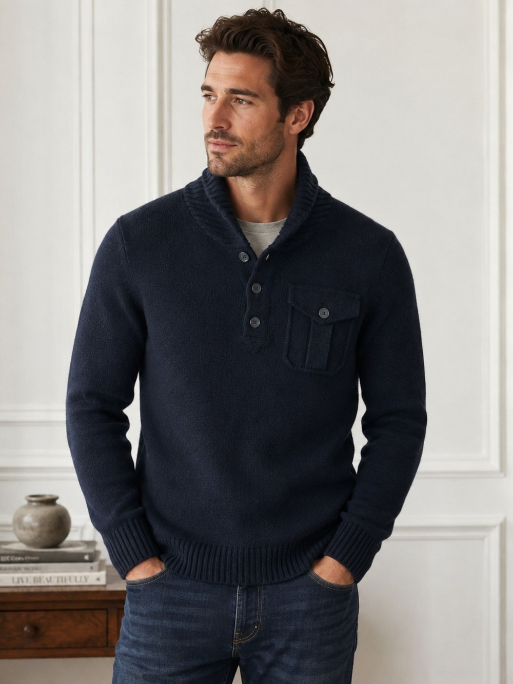 J. Crew Men’s Lambswool Shawl Collar Knit Sweater Navy Size Small NWOT